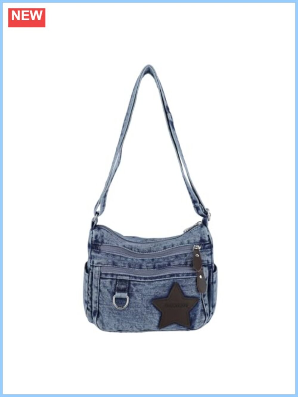 Y2K Denim Crossbody Bag Women Faded Wash Shoulder Purse Star Patch Distressed